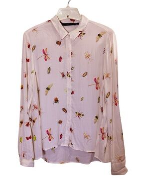 Zara Woman Cream Rayon Cottagecore Botanical Insect-Print Button-Down Shirt sz M